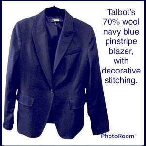 Talbot’s 70% wool navy blue pinstripe blazer, with decorative stitching.